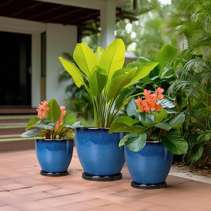 Ceramic Plant Pots 3 Pack - 10 Inch 8 Inch 6 Inch Round Modern Planters with Drainage Holes and Saucers, Flower Pots for Indoor Outdoor, Room Garden House Decor, Gift for Women Men, Blue