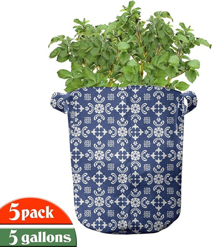 Ambesonne Folk Art Grow Bags 5-Pack, Talavera Tile Like Pattern, Heavyduty Fabric Pots with Handles for Plants, Sky Blue