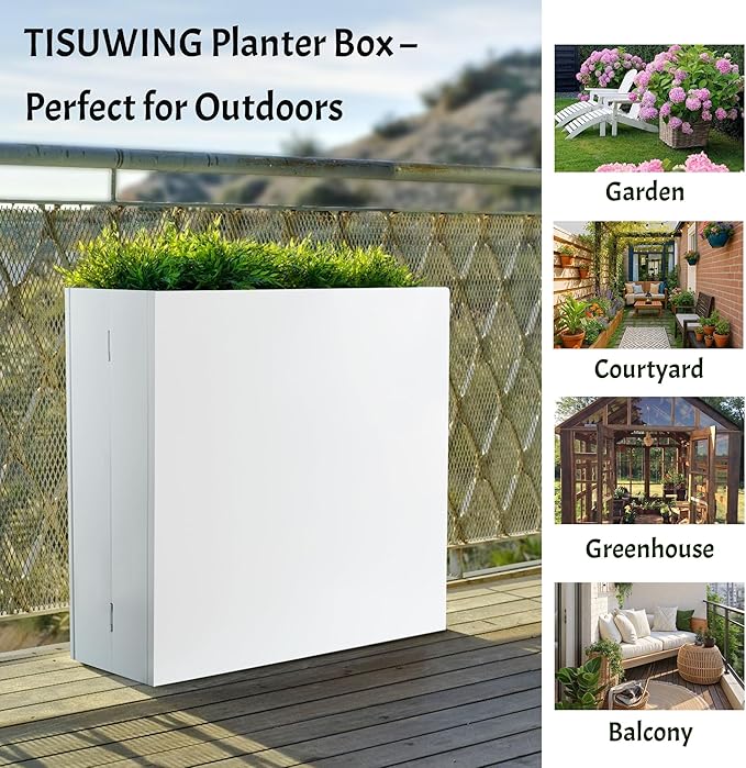 Metal Planter Box, No Installation Galvanized Steel Folding Rectangular Planter with Drainage Holes, 35.5"x 10"x 28" White Outdoor Planter for Porch/Patio/Garden