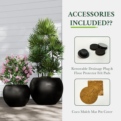 DTY Mount Sherman 12.6" D x 10'' H (Pot Opening 8.5") Fiberstone Round Planter with Drainage Hole, Smooth Finishes, Weather Resistant for Indoor and Outdoor, 2 Extra Coco Mats - Black, Small