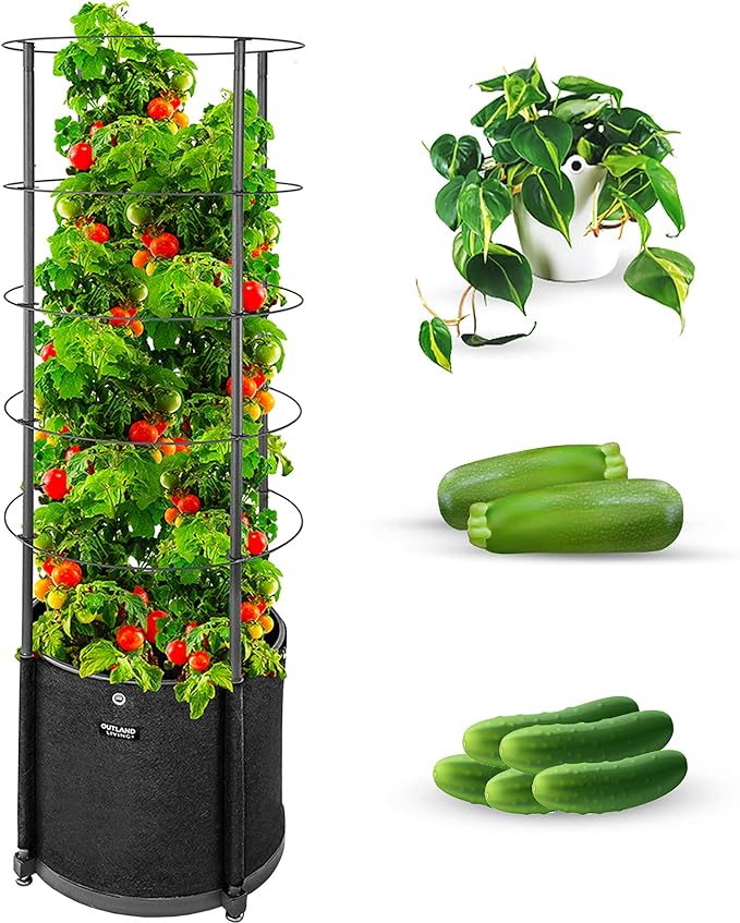 Outland Living Large Tomato Planter with Metal Trellis 68 Inch, 20 Gallon Fabric Pot with Drainage - Tall Cages for Climbing Outdoor Plants Cucumber, Grape, Beans and Flowers, Black (Pack of 1)