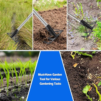 Small Garden Rake Tool, Hand Tiller Cultivator, Weed Remover Rakes Narrow for Flower Beds, Leaves Leaf Grass Cleaning for Precise Gardening, Mulch Spreading, Tilling Soil Weeding - Long Handle