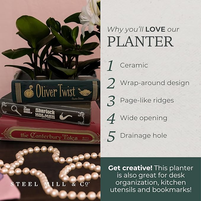 Steel Mill & Co Original Small Book-Shaped Decorative Planter, Ceramic Planter for Cute Home Decor, Unique Bookshelf Planter for Book Lovers (Oliver Twist/Sherlock Holmes/The Canterbury Tales)