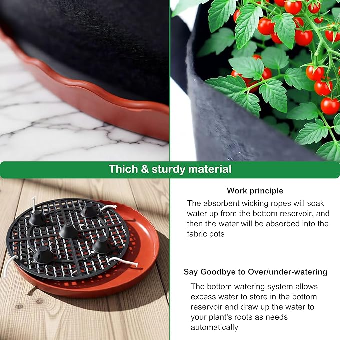 Fabric Grow Bag with Self-watering Base, 4 Pack 5 Gallon Nonwoven Garden Pot with Handle, Automatic Watering Planter, Cloth Plant Container with Self Watering System Tray Saucer Vegetable Fruit Flower