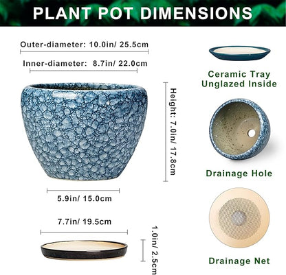 10 Inch Plant Pot - Ceramic Pots for Plants with Drainage Hole and Saucer, Ceramic Planters for Indoor Outdoor Plants, Round Flower Pots, Entryway Decor, Gifts for Plant Lovers, Stone Blue
