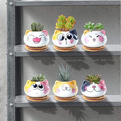 Succulent Pots with Drainage 3.6 Inch Mini Cat Pots for Plants Tiny Animal Planter Small Ceramic Air Plant Flower Pots Cactus Faux Planters Containers with Bamboo Tray