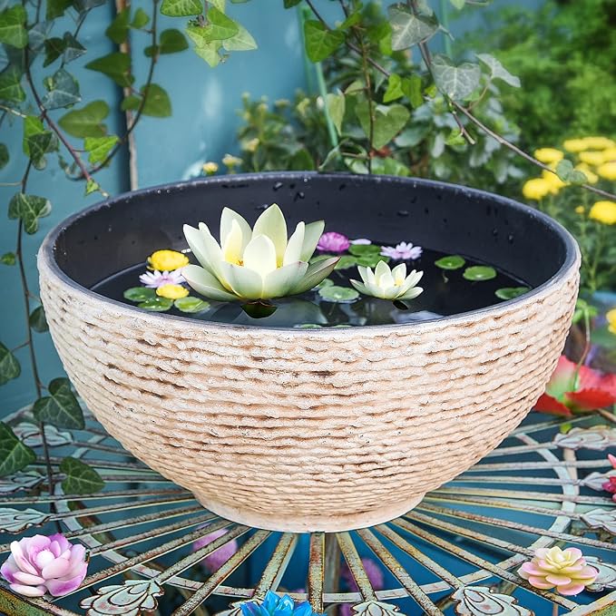 Sungmor Large Garden Bowl Planter Water Plant Pot, Miniature Landscaping Succulent Planter, 15.6 Inch Marble Texture Water Lily Pots, Small Fountain Base Mini Fish Pond Bird Bath