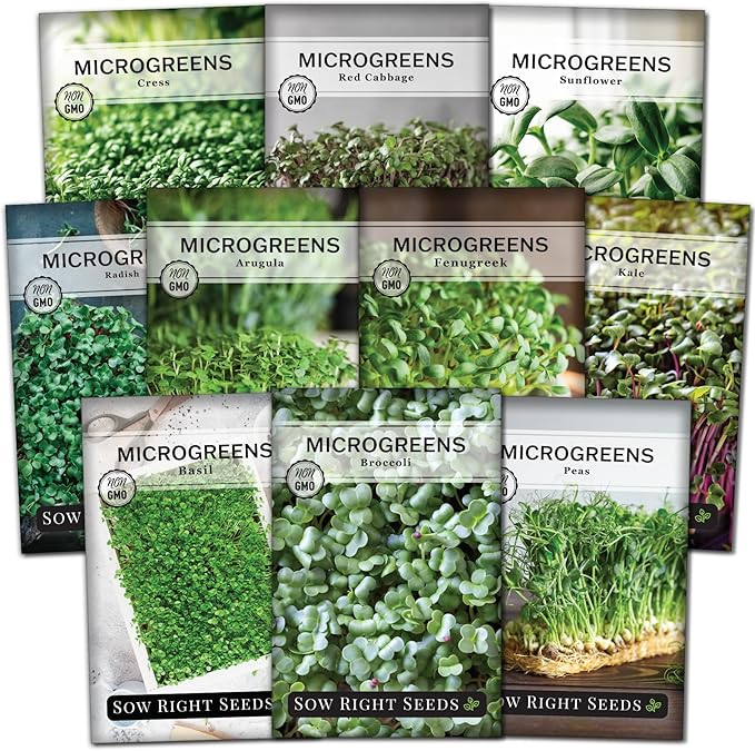 Sow Right Seeds - Large Microgreens Seed Collection - 10 Microgreen Variety Indoor Garden Packets with Superfood Seeds for Kitchen Counter Sprouting & Growing - Ideal for Indoor Gardening