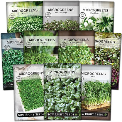 Sow Right Seeds - Large Microgreens Seed Collection - 10 Microgreen Variety Indoor Garden Packets with Superfood Seeds for Kitchen Counter Sprouting & Growing - Ideal for Indoor Gardening