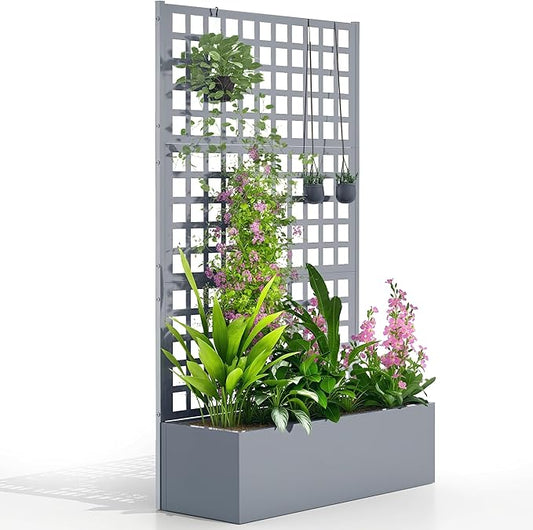 Outsunny Galvanized Raised Garden Bed with Trellis, Metal Planter Box with Drainage Holes, Outdoor Privacy Screen for Climbing Plants, Vegetable, Vines, 43" x 16" x 70", Gray Wood Effect