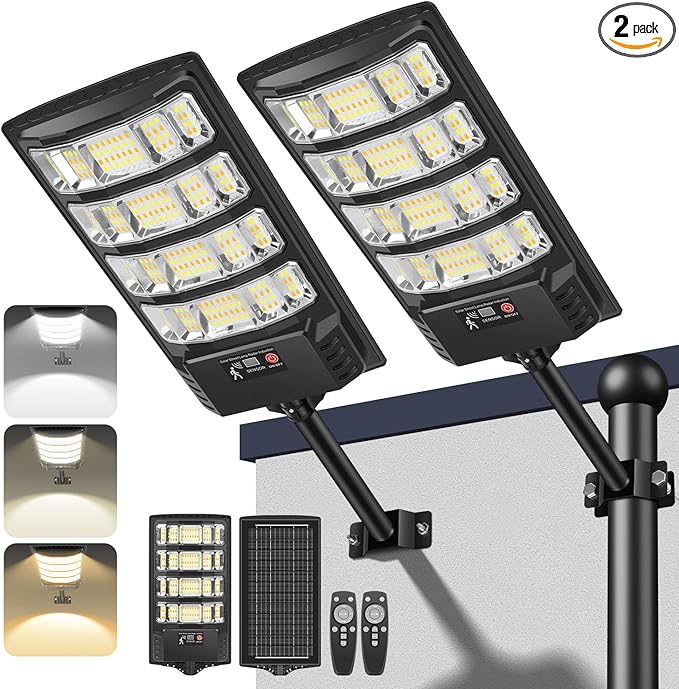 Solar Lights Outdoor, Solar Powered Motion Sensor Solar Street Light, 6500K/4500K/3000K IP66 Waterproof Security Flood Lights with Remote Control for Garden, Yard, Garage, Parking Lot (2 Pack)