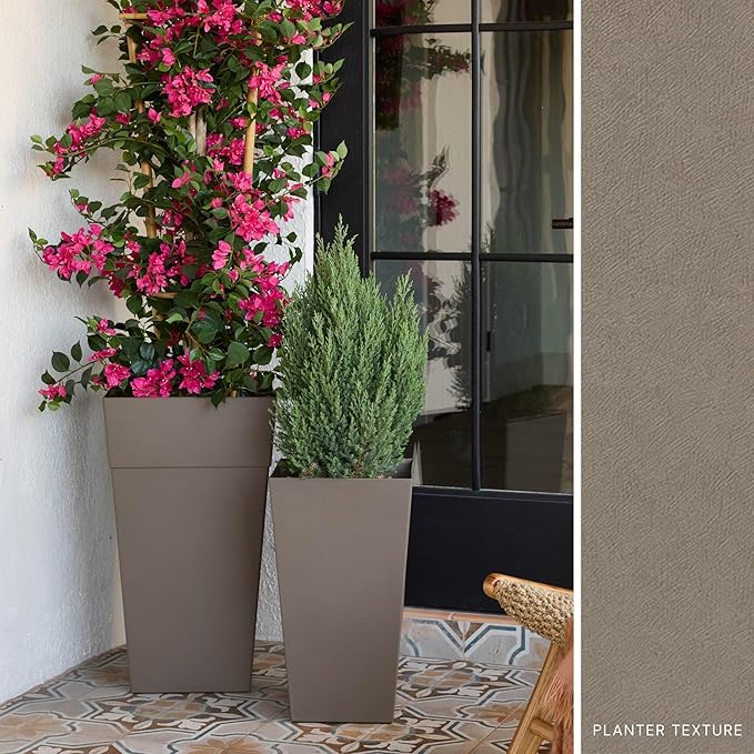 Bloem Finley 25" Tall Square Peppercorn Plastic Resin Planter with Drainage Holes for Indoor and Outdoor Gardening