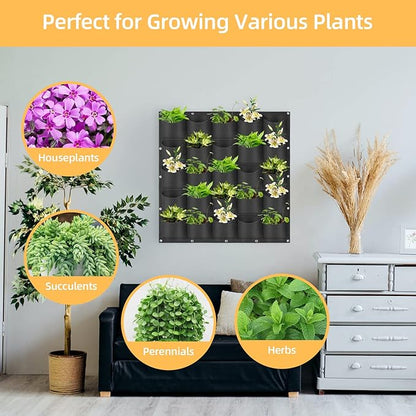 Hanging Planting Grow Bags, 25 Pockets Hanging Vertical Wall Planter Wall Mounted Grow Bag Outdoor Indoor Gardening Vertical Greening Flower Container, Planting Bags Storage Bags(1.0 m × 1.0 m, Black)