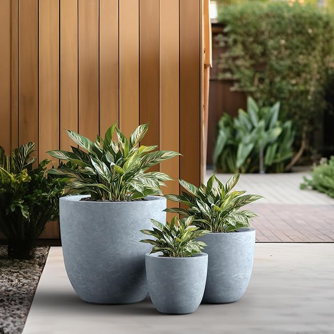Kante Round Concrete Planter Set of 3, Large Outdoor Indoor Plant Pots with Drainage Hole, 10/14/18-Inch Diameter Flower Pots for Patio, Garden and Home, Slate Gray