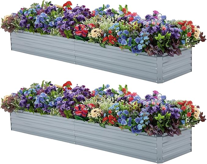 2 Pack 8x2x1FT Galvanized Raised Garden Bed Kit, Outdoor Metal Planter Box for Vegetables, Bottomless Rectangular Gardening Bed with Support Rods, Tool-Free Assembly, Gray