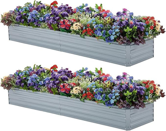 2 Pack 8x2x1FT Galvanized Raised Garden Bed Kit, Outdoor Metal Planter Box for Vegetables, Bottomless Rectangular Gardening Bed with Support Rods, Tool-Free Assembly, Gray
