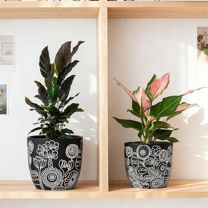 Terracotta Pots, 6.5+5+4.4 Inch Plant Pots with Drainage Hole- Floral Pattern, Black Boho Ceramic Planters for Indoor Plants, Flower Pots Indoor Succulents, Herbs Plants,Set of 3
