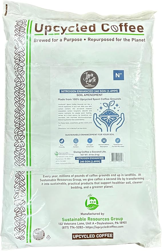 Nitrogen Enhanced 240 SGN (2.4MM) - JavaEarth® Soil Amendment, Upcycled Spent Coffee Grounds, 20 lbs (9.072kg)