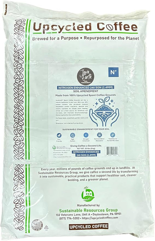 Nitrogen Enhanced 240 SGN (2.4MM) - JavaEarth® Soil Amendment, Upcycled Spent Coffee Grounds, 20 lbs (9.072kg)