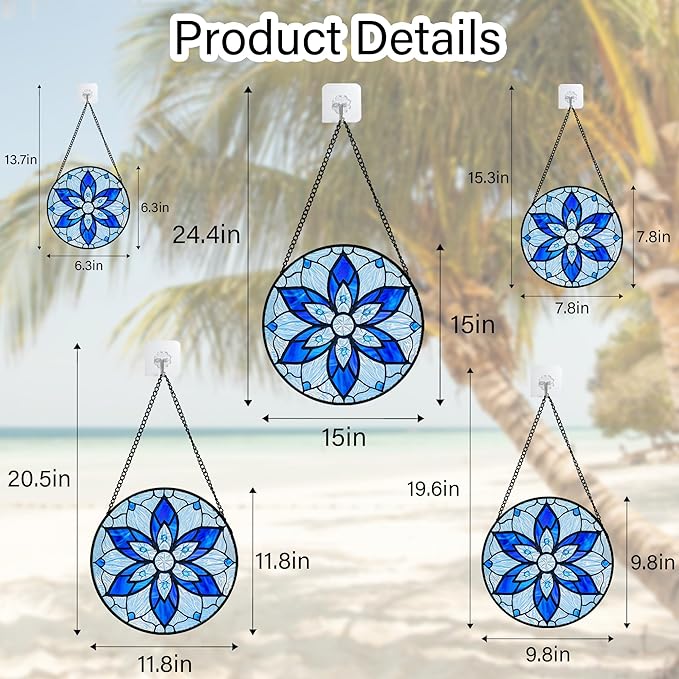 Stained Glass Window Hanging, Blue Tiffany Style Flowers Sun Catcher for Window Door Home Decor Suncatcher Christmas Mother's Day Birthday Gifts for Women Men Mom and Nana 11.8 in
