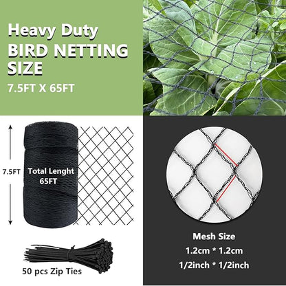 Bird Netting for Garden 7.5 x 65 FT Heavy Duty Black Garden Netting for Fruit Trees, Chicken Coop, Pond, Blueberry Bushes, Poultry & Deer Netting, HDPE Plant Protection Net Fence with Ties