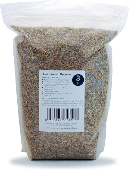 Annual RyeGrass Seed by Eretz - Willamette Valley, Oregon Grown. No fillers, No Weed or Other Crop Seeds (3lb)