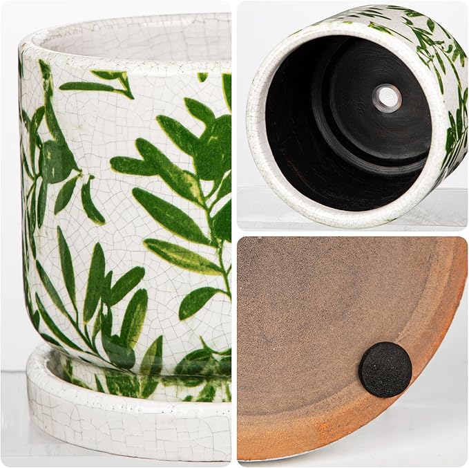 Small Ceramic Pot for Indoor Plants - 5.5 inch Plant Pot with Drainage Hole and Saucer Olive Leaf Decorative Planter Indoor Outdoor Flower Pots for Succulent Snake Pothos Plant Windowsill Home Garden