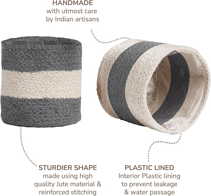 Jute Planter Basket-Woven Jute Rope Covers for Decorating Indoor/Outdoor Succulents, Small Plant Pots-Set of 2-Multi-Purpose Storage Bins 6.5 Inches - Modern Style Décor - Gray & White
