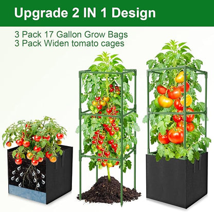 3 Pack Tomato Cages, Square Tomato Trellis with 17 Gallon Grow Bags,47IN Tall Heavy Duty Tomato Plant Support Stakes for Garden Climbing Vegetables Flowers Fruits (Extra-Bold, 3 Pack)