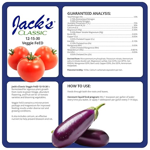 Jack's Classic 12-15-30 Veggie Feed Water-Soluble Fertilizer with Micronutrients, 1.5lbs - Plant Growth and Abundant Fruit Set in Blooming Vegetable Plants