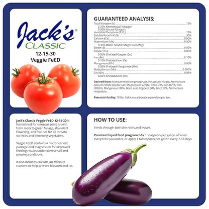 Jack's Classic 12-15-30 Veggie Feed Water-Soluble Fertilizer with Micronutrients, 1.5lbs, 2 Pack - Plant Growth and Abundant Fruit Set in Blooming Vegetable Plants