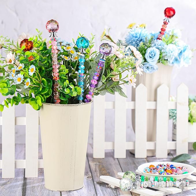 Tigeen 236 Pcs Garden Stake DIY Fairy Wand Plant Stake with 12 Colorful Crystal Stopper Top 12 Threaded Rod with 200 Large Hole Bead for Spring Summer Holiday Outdoor Decorations(Modern)