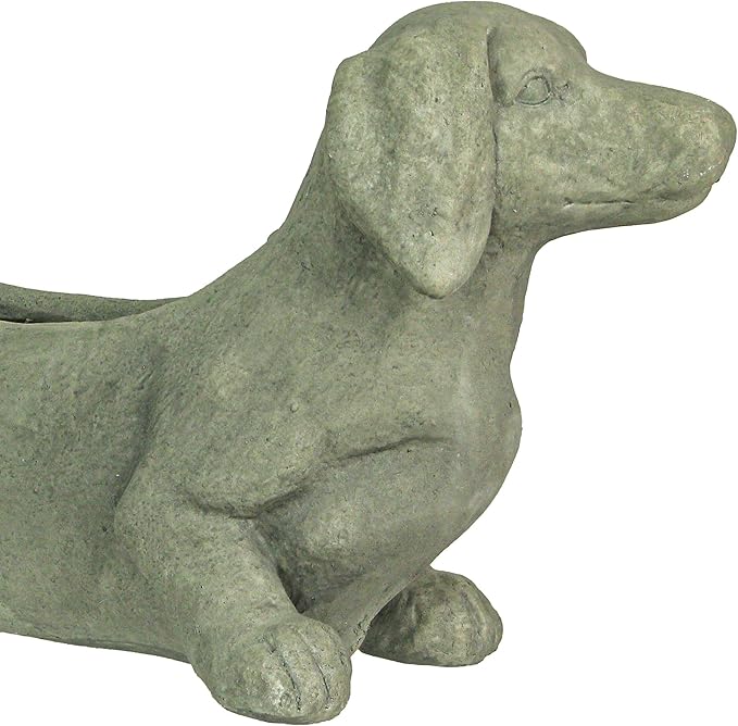 Zeckos Charming Rustic Distressed Grey Stone Finish Dachshund Dog Indoor or Outdoor Decor Planter Doxie Plant Pot - Whimsical Garden Accent for Dog Lovers - 20 Inches Long