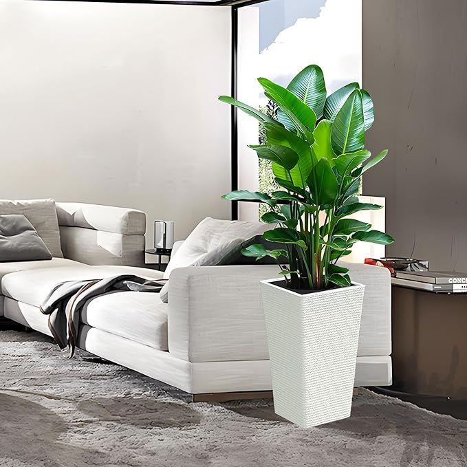 2 Sets Large Tall Planter for Outdoor or Indoor,Resin,Stone Finish,21" H*12" W, Flower Pots Tapered Planters Box for Porch, Patio,Garden,Front Door Decor(White)