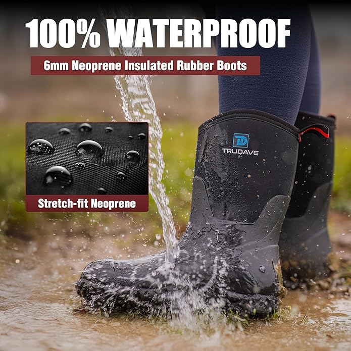 Trudave Rubber Boots for Men, 6mm Neoprene Insulated Mud Boots with Steel Shank, Men's Mid Calf Waterproof Rain Boots,Anti-Slip Rubber Work Boots for Farming Gardening Fishing,Size 7-13