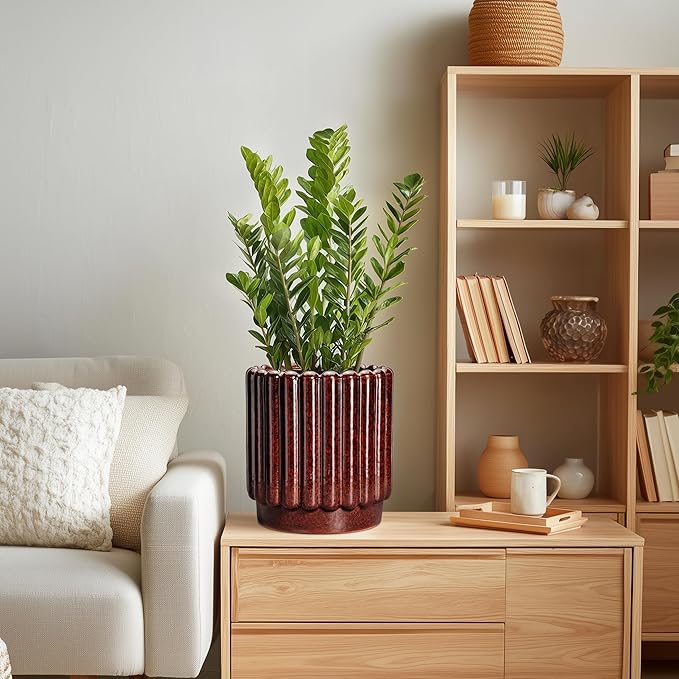 Ceramic Pots for Plants - 7.6 Inch Indoor Planter, Decorative Plant Pots with Drainage Hole, Fluted Ceramic Flower Pots, Round Planter Outdoor, Patio Decor, Gifts for Plant Lovers, Red