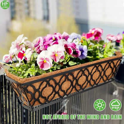 HFHOME 24 Inch Window Deck with Coco Liner, 24" Window Boxes Horse Trough with Coconut Coir Liner, Black Metal Hanging Flower Planter Basket Railing Planter for Outdoor Indoor Lawn - 4 Pack
