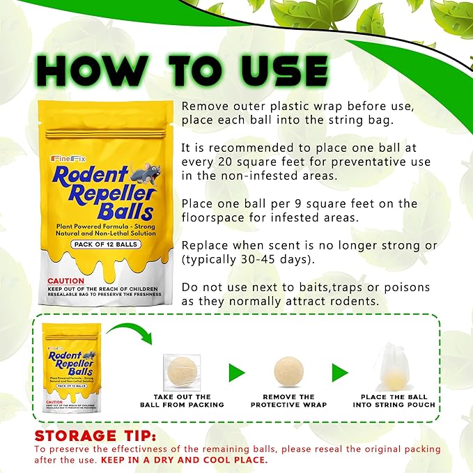FineFix Moth Balls, 12 Pack Mouse Repellent Balls for Outdoor Use, Natural Rat and Mice Deterrent, Get Rid of Rodents from Garage, RV, Barn, Boat, Garden, and Home