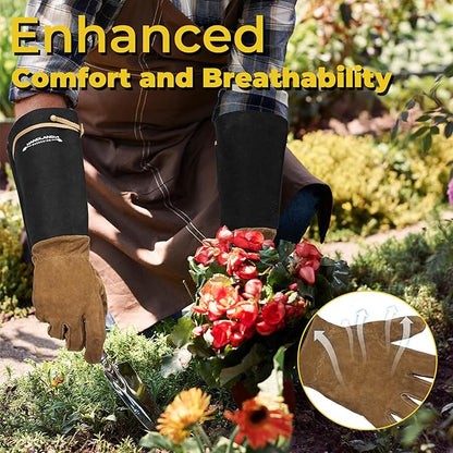 HANDLANDY Long Gardening Gloves for Men & Women, Pigskin Leather Rose Pruning Gloves, Breathable Thorn Proof Gauntlet Glove (Brown-Pigskin, XL)