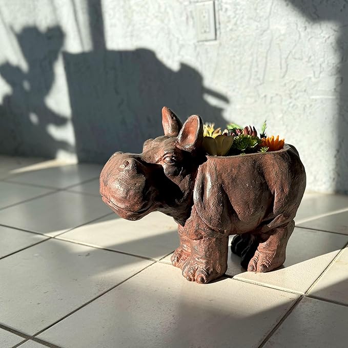 Zeckos Charming Brown Hippo MGO Planter with Drain Hole, 17 inches - Durable Weatherproof Magnesium Oxide for Garden or Patio Decor - Whimsical Animal Theme Planter, Perfect for Indoor/Outdoor Use