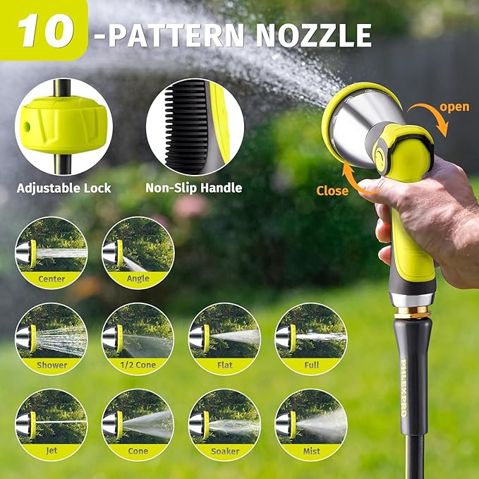 Garden Hose 100FT with 10 Pattern Spray Nozzle - PHLEX PRO Heavy-Duty 5/8'' Rubber 3-Layer Garden Hose - Innovation Flexible Hybrid Lightweight Water Hose, Full Brass Fittings (RyobiGreen)