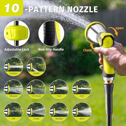 Garden Hose 100FT with 10 Pattern Spray Nozzle - PHLEX PRO Heavy-Duty 5/8'' Rubber 3-Layer Garden Hose - Innovation Flexible Hybrid Lightweight Water Hose, Full Brass Fittings (RyobiGreen)