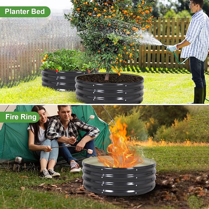 Galvanized Raised Garden Bed- 2Pcs Metal Planter Boxes Outdoor | 12" Tall 36" Round Steel Raised Bed Kit & Fire Pit Ring for Gardening with Protective Tape for Vegetables, Flower (Grey)