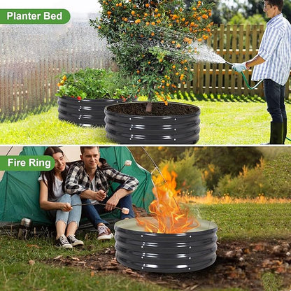 Galvanized Raised Garden Bed- 2Pcs Metal Planter Boxes Outdoor | 12" Tall 36" Round Steel Raised Bed Kit & Fire Pit Ring for Gardening with Protective Tape for Vegetables, Flower (Grey)