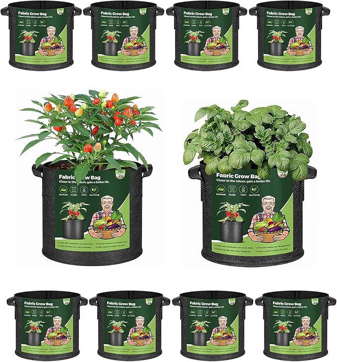T4U 5-Pack 5 Gallon Fabric Grow Bags with 5-Pack 3 Gallons Heavy Duty Nonwoven Pots Grow Bags