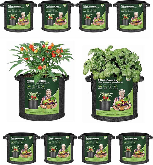 T4U 5-Pack 5 Gallon Fabric Grow Bags with 5-Pack 3 Gallons Heavy Duty Nonwoven Pots Grow Bags