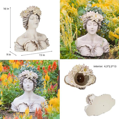 Head Planter Face Flower Pot - Lily Pond Goddess Planter 9 Inch Garden Resin Face Planter with Drainage Hole Plants Pot for Indoor and Outdoor Plant Closed Eyes 15 * 9 * 16 Inch