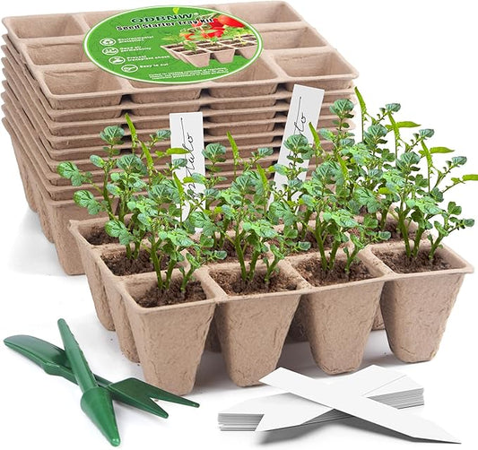 120 Cells Seed Starter Tray Kit, Biodegradable Peat Pots for Seedlings Trays, Plant Starter Seed Germination Kit with 20 Labels and 2 Transplant Tools (10, 120 Cells)