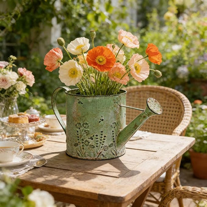 Vintage Metal Watering Can Planter with Embossed Floral - Distressed Green Decorative Watering Pot for Indoor/Outdoor Flowers, Succulents & Herbs, Rustic Home Decor Accent