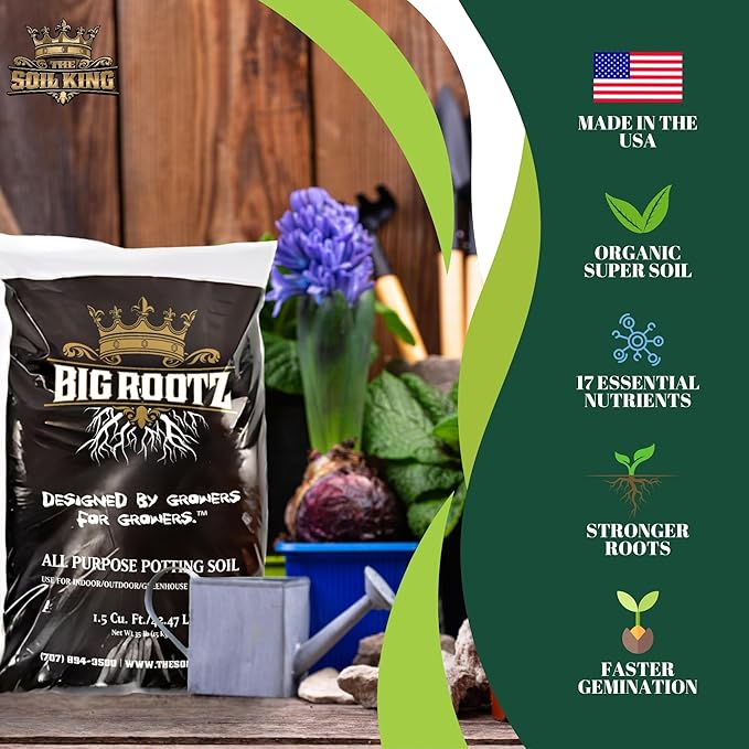 Soil King Big Rootz Organic Potting Soil Mix, CDFA & EnvirOganic Certified, pH Adjusted with Mycorrhizae, Balanced Fertilizers & Minerals for Long-Lasting Nutrition, Indoor & Outdoor Use, 40 lb